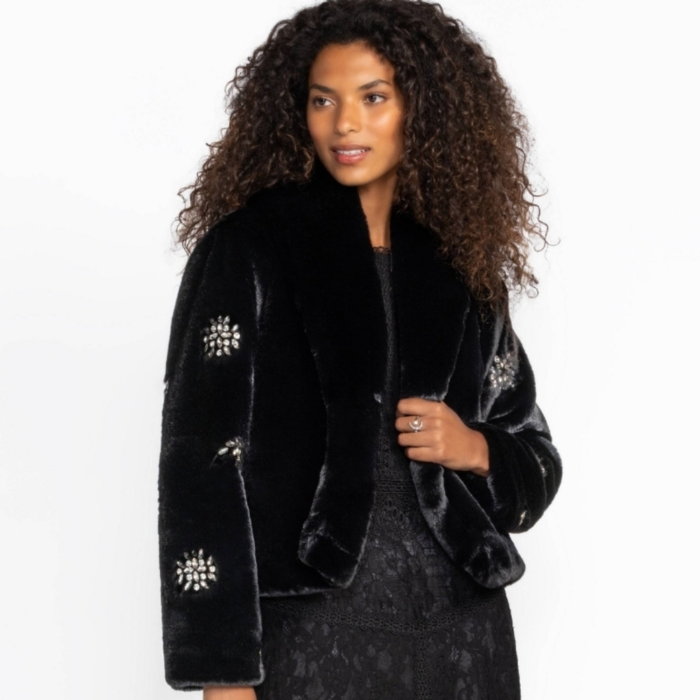 NWT JADE JOHNNY WAS JEWELED ANGELLA FAUX FUR JACKET M